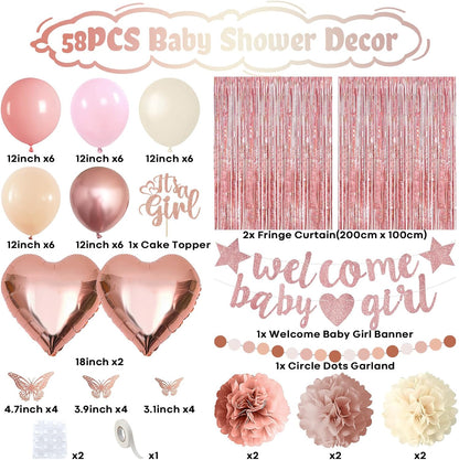 Pink Baby Shower Decorations for Girl, Boho Dusty Blush Pink Rose Gold Beige White Latex Balloons Welcome Baby Banner Its A Girl Cake Topper Pom Poms Fringe Curtain for Girls Birthday Party Decoration