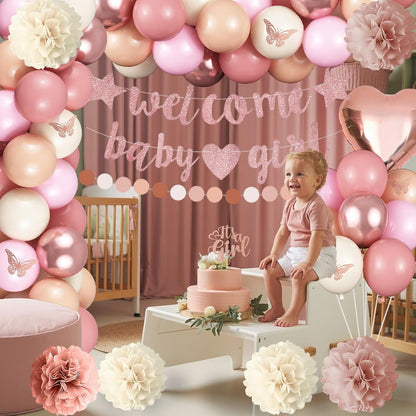 Pink Baby Shower Decorations for Girl, Boho Dusty Blush Pink Rose Gold Beige White Latex Balloons Welcome Baby Banner Its A Girl Cake Topper Pom Poms Fringe Curtain for Girls Birthday Party Decoration