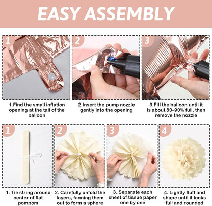 Pink Baby Shower Decorations for Girl, Boho Dusty Blush Pink Rose Gold Beige White Latex Balloons Welcome Baby Banner Its A Girl Cake Topper Pom Poms Fringe Curtain for Girls Birthday Party Decoration