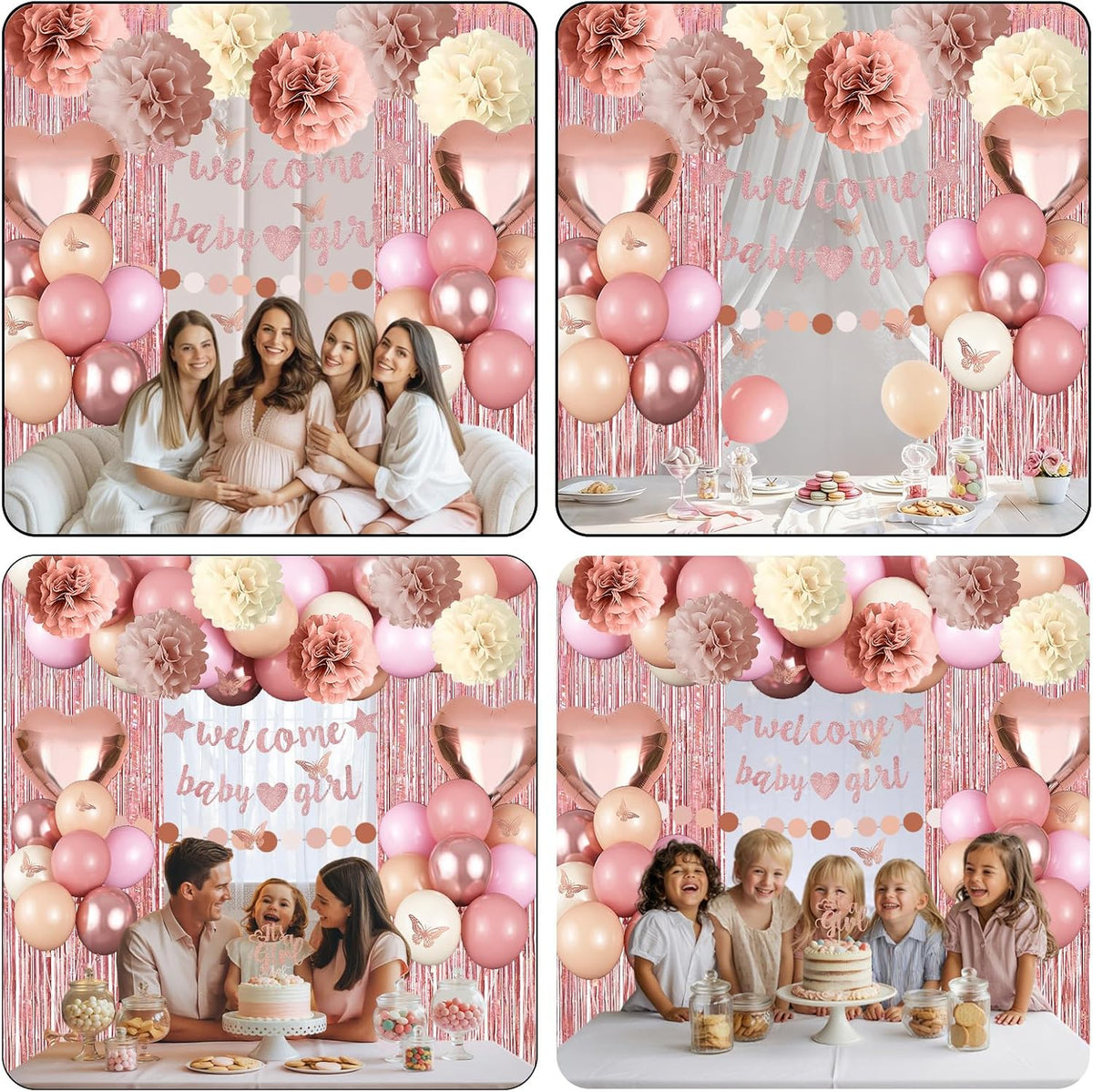 Pink Baby Shower Decorations for Girl, Boho Dusty Blush Pink Rose Gold Beige White Latex Balloons Welcome Baby Banner Its A Girl Cake Topper Pom Poms Fringe Curtain for Girls Birthday Party Decoration