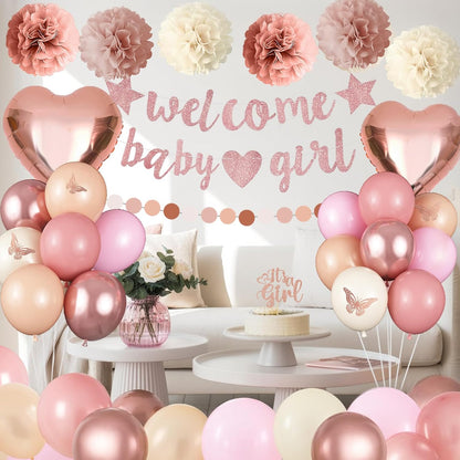 Pink Baby Shower Decorations for Girl, Boho Dusty Blush Pink Rose Gold Beige White Latex Balloons Welcome Baby Banner Its A Girl Cake Topper Pom Poms Fringe Curtain for Girls Birthday Party Decoration