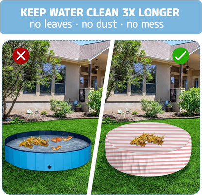 Foldable Round Dog Swimming Pool Cover, for 32"/48"/63" Collapsible Outdoor Tub,PVC Coating Waterproof and UV Protection (S-32 * 8 inch, Pink Stripes)