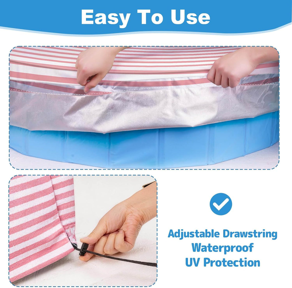 Foldable Round Dog Swimming Pool Cover, for 32"/48"/63" Collapsible Outdoor Tub,PVC Coating Waterproof and UV Protection (S-32 * 8 inch, Pink Stripes)