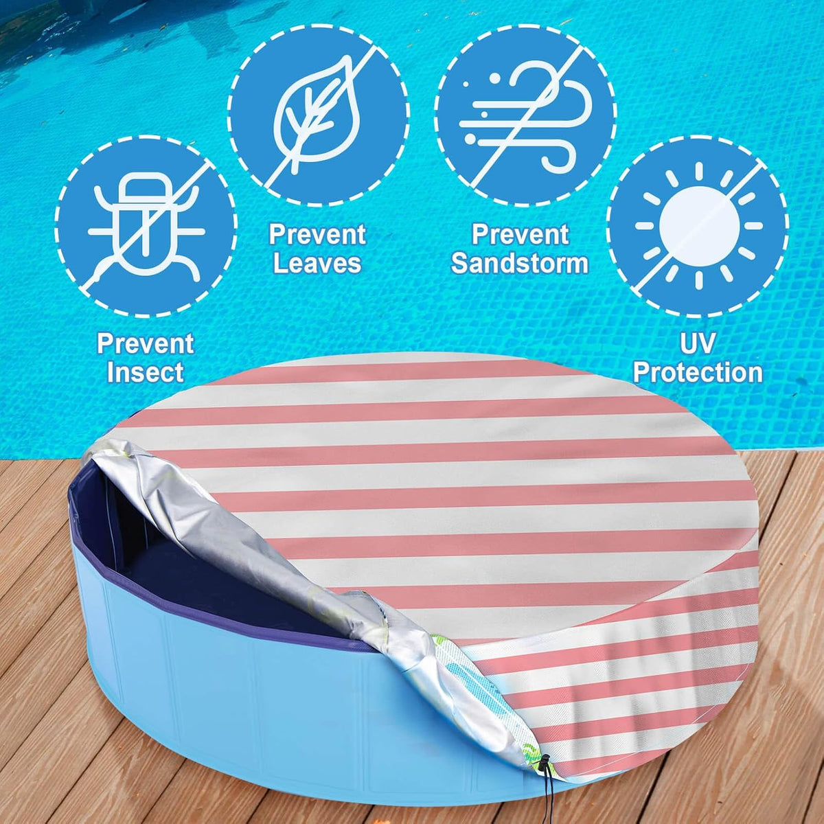 Foldable Round Dog Swimming Pool Cover, for 32"/48"/63" Collapsible Outdoor Tub,PVC Coating Waterproof and UV Protection (S-32 * 8 inch, Pink Stripes)