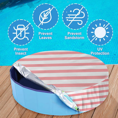 Foldable Round Dog Swimming Pool Cover, for 32"/48"/63" Collapsible Outdoor Tub,PVC Coating Waterproof and UV Protection (S-32 * 8 inch, Pink Stripes)