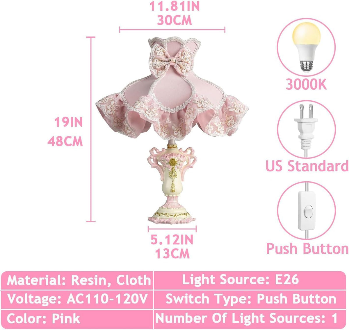Victorian Table Lamp Pink Princess Lamp French Country Bedside Lamp Farmhouse Cute Kids Table Lamp Vintage Rustic Nightstand Lamp for Girls Bedroom Children Nursery Desk Home Entryway