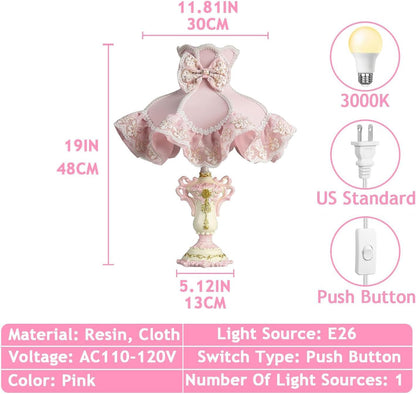 Victorian Table Lamp Pink Princess Lamp French Country Bedside Lamp Farmhouse Cute Kids Table Lamp Vintage Rustic Nightstand Lamp for Girls Bedroom Children Nursery Desk Home Entryway