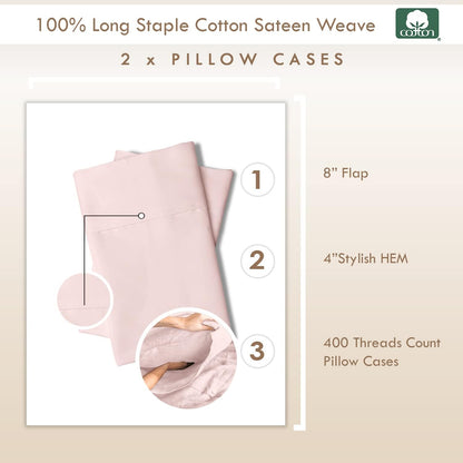 100% Cotton Standard Size Envelope Pillowcases 400 TC Light Pink