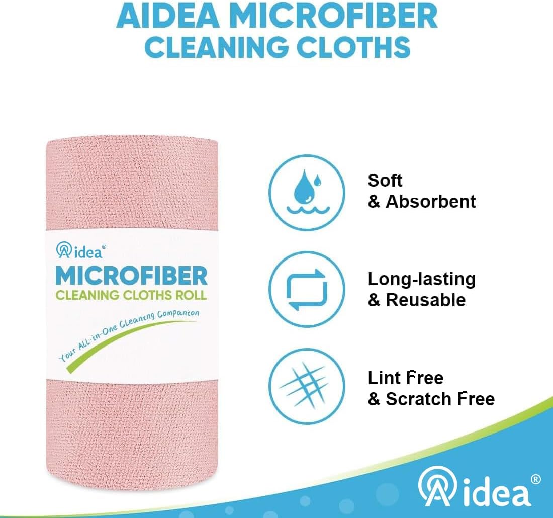 AIDEA Microfiber Cleaning Cloth Roll-50PK, Cleaning Rags 11.5"×11.5", Pink