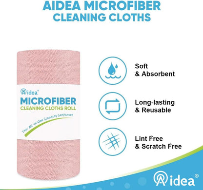 AIDEA Microfiber Cleaning Cloth Roll-50PK, Cleaning Rags 11.5"×11.5", Pink