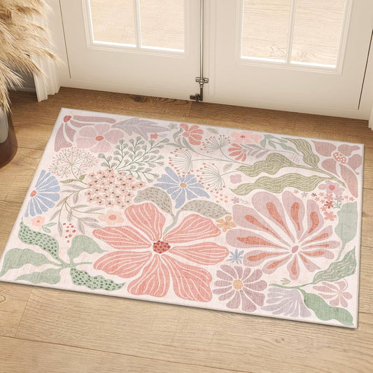 Pink 2x3 Washable Rug Floral Small Area Rugs Non Slip Low-Pile