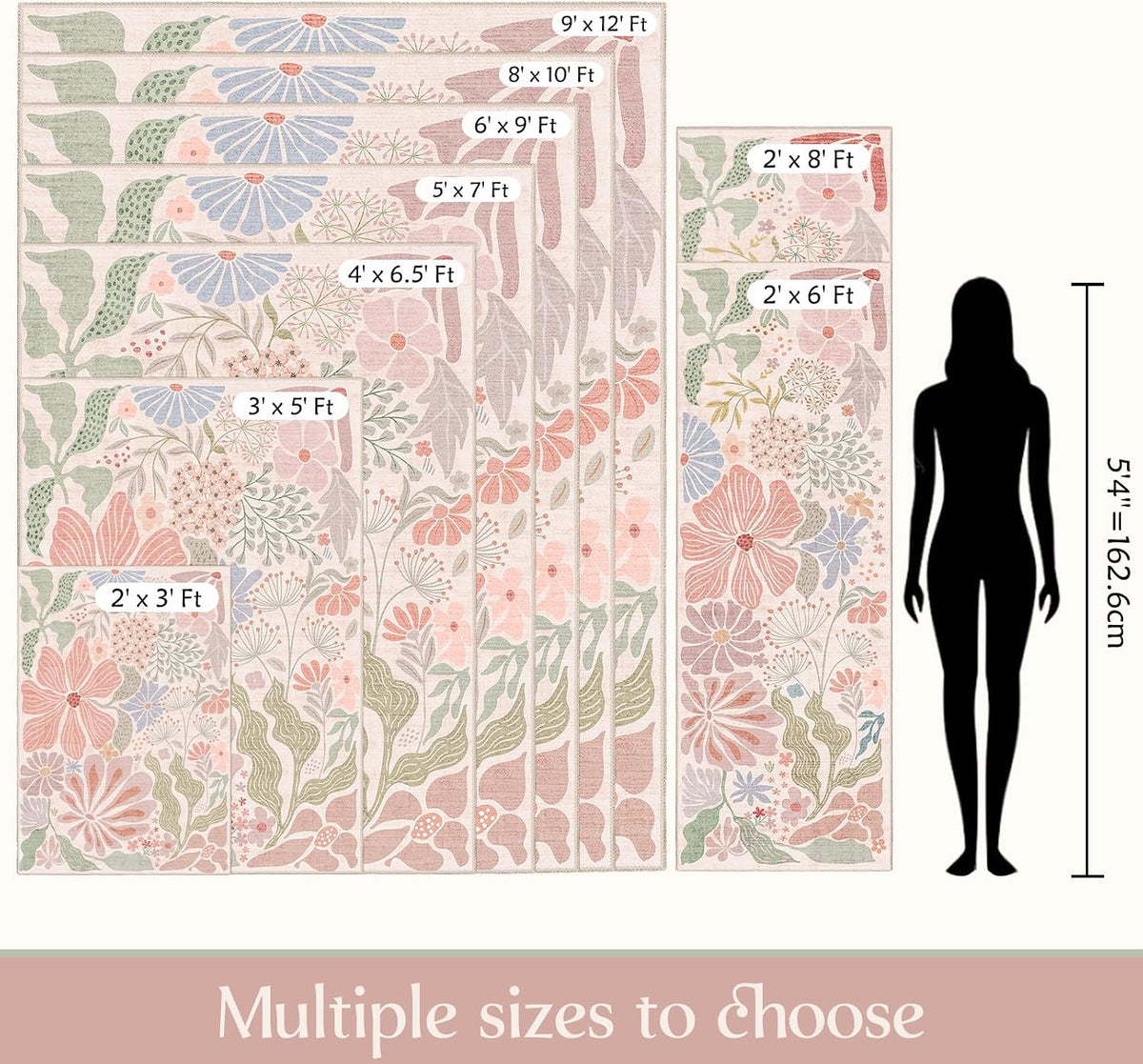 Pink 2x3 Washable Rug Floral Small Area Rugs Non Slip Low-Pile