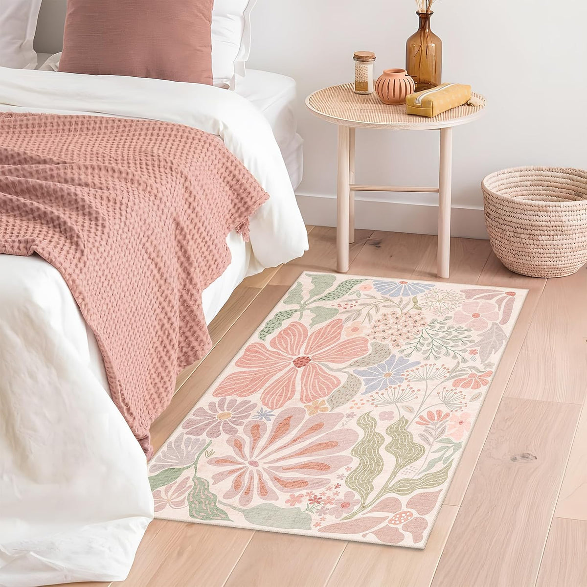 Pink 2x3 Washable Rug Floral Small Area Rugs Non Slip Low-Pile