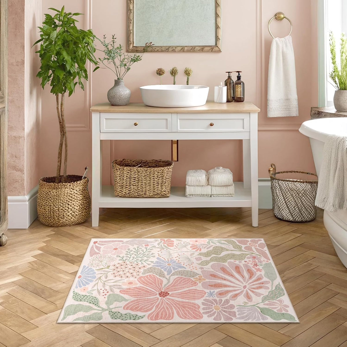Pink 2x3 Washable Rug Floral Small Area Rugs Non Slip Low-Pile
