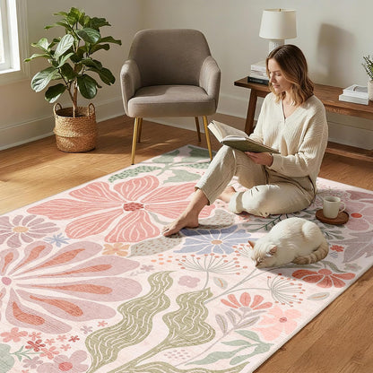 Pink 2x3 Washable Rug Floral Small Area Rugs Non Slip Low-Pile
