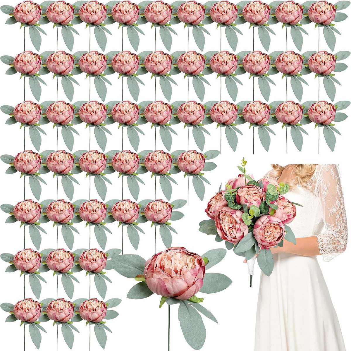 50Pcs Artificial Peonies Flowers, 4’’ - Dusty Pink