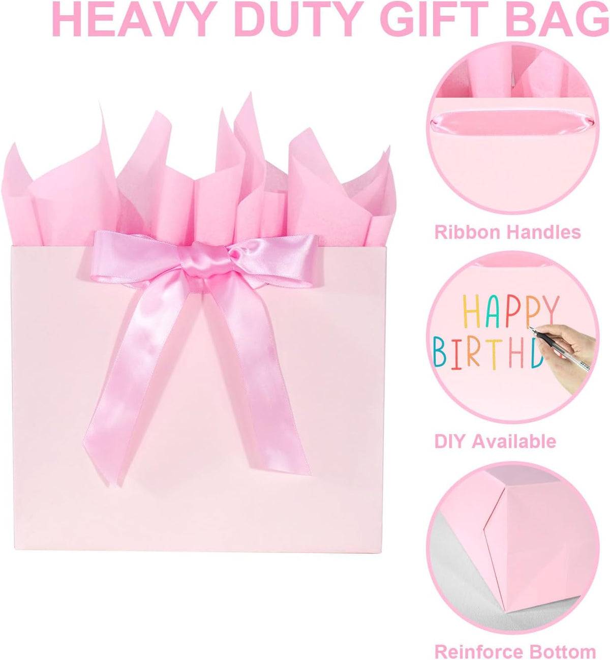 Elegant Pink Gift Bag 11.8"x4.5"x9.8" with Ribbons Handles, Includes Card and Tissue for Weddings, Birthdays, Baby Shower Parties, Holidays