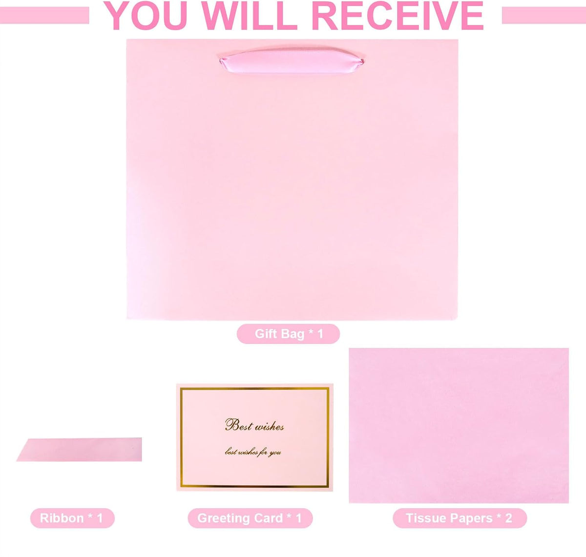 Elegant Pink Gift Bag 11.8"x4.5"x9.8" with Ribbons Handles, Includes Card and Tissue for Weddings, Birthdays, Baby Shower Parties, Holidays