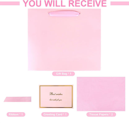 Elegant Pink Gift Bag 11.8"x4.5"x9.8" with Ribbons Handles, Includes Card and Tissue for Weddings, Birthdays, Baby Shower Parties, Holidays