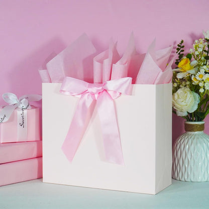 Elegant Pink Gift Bag 11.8"x4.5"x9.8" with Ribbons Handles, Includes Card and Tissue for Weddings, Birthdays, Baby Shower Parties, Holidays