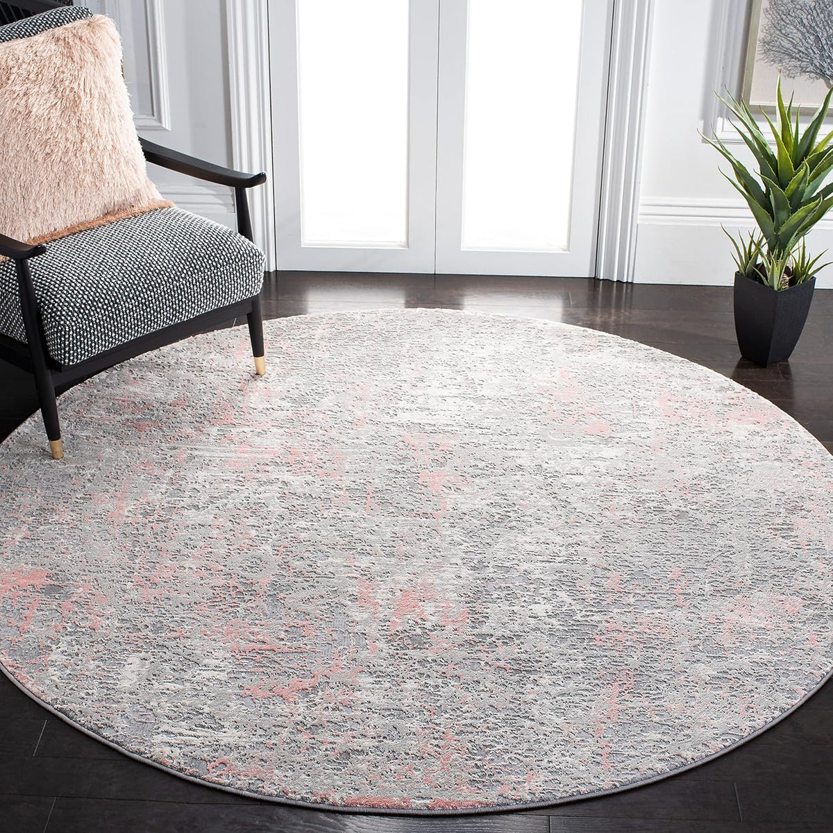 Meadow Collection Area Rug - 3' Round, Grey & Pink, Modern Abstract Design, Non-Shedding & Easy Care, Ideal for High Traffic Areas in Living Room, Bedroom (MDW583H)