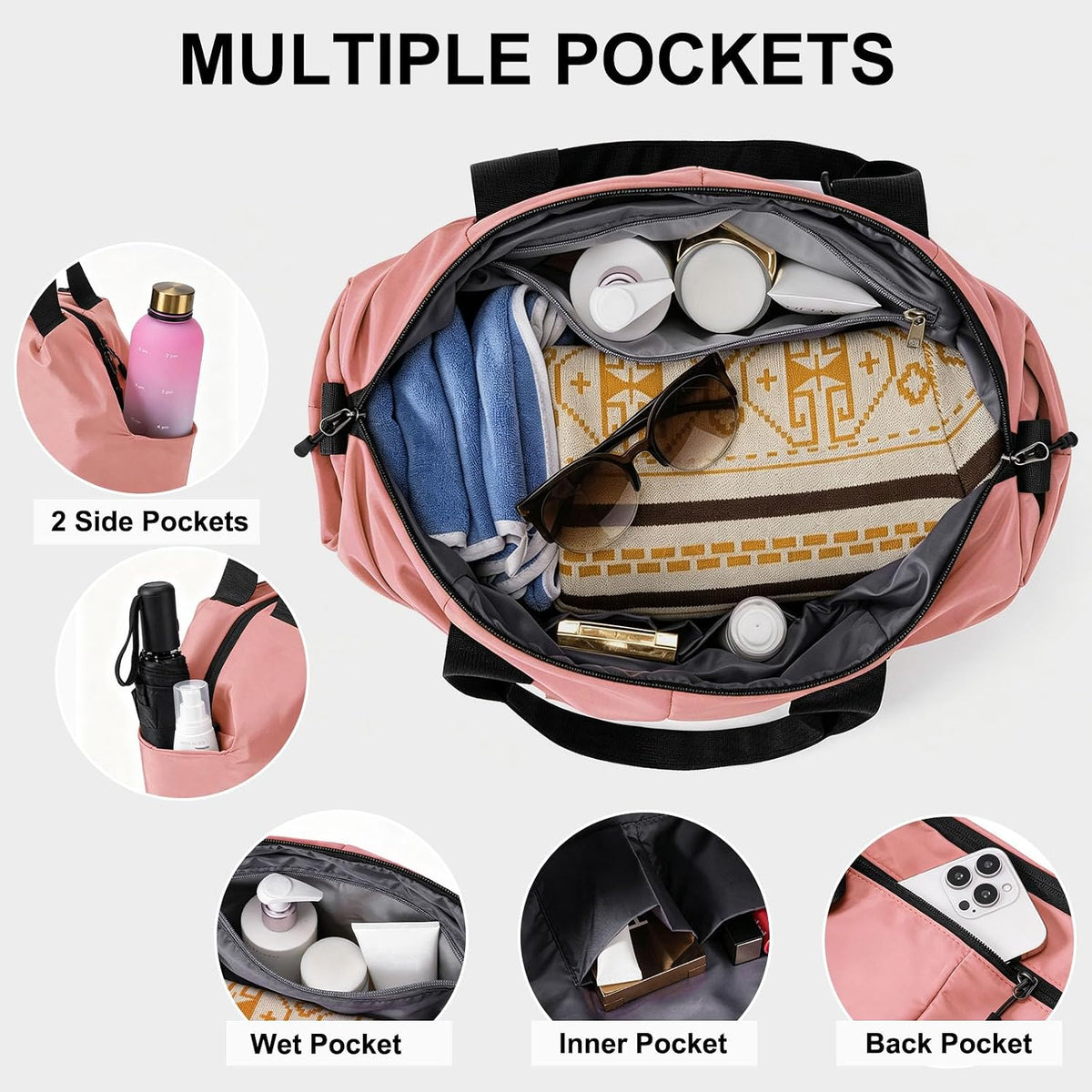 Fitness Bag for Women Small Pink, 17" Gym Bag with Wet Pocket Waterproof Portable Sports Tote for Swimming, Weekend Travel