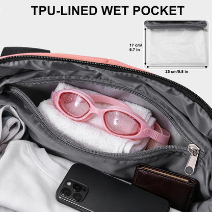 Fitness Bag for Women Small Pink, 17" Gym Bag with Wet Pocket Waterproof Portable Sports Tote for Swimming, Weekend Travel