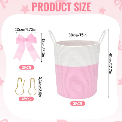 2 Pack Pink Laundry Basket with Bow 15" x 17.7" Large Woven Clothes Storage Basket Cotton Rope Nursery Hamper Bin Cute Toy Storage Bin for Nursery, Bathroom & Bedroom Organizer