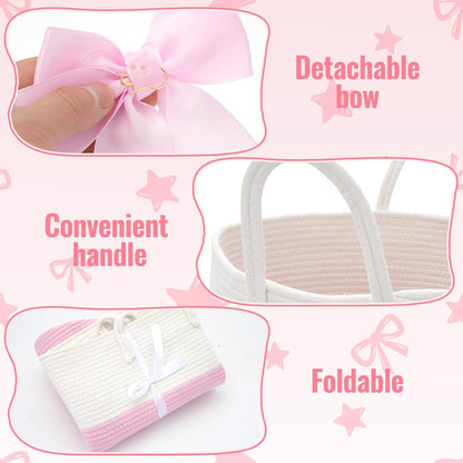 2 Pack Pink Laundry Basket with Bow 15" x 17.7" Large Woven Clothes Storage Basket Cotton Rope Nursery Hamper Bin Cute Toy Storage Bin for Nursery, Bathroom & Bedroom Organizer