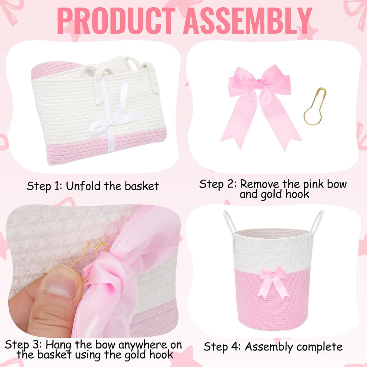 2 Pack Pink Laundry Basket with Bow 15" x 17.7" Large Woven Clothes Storage Basket Cotton Rope Nursery Hamper Bin Cute Toy Storage Bin for Nursery, Bathroom & Bedroom Organizer