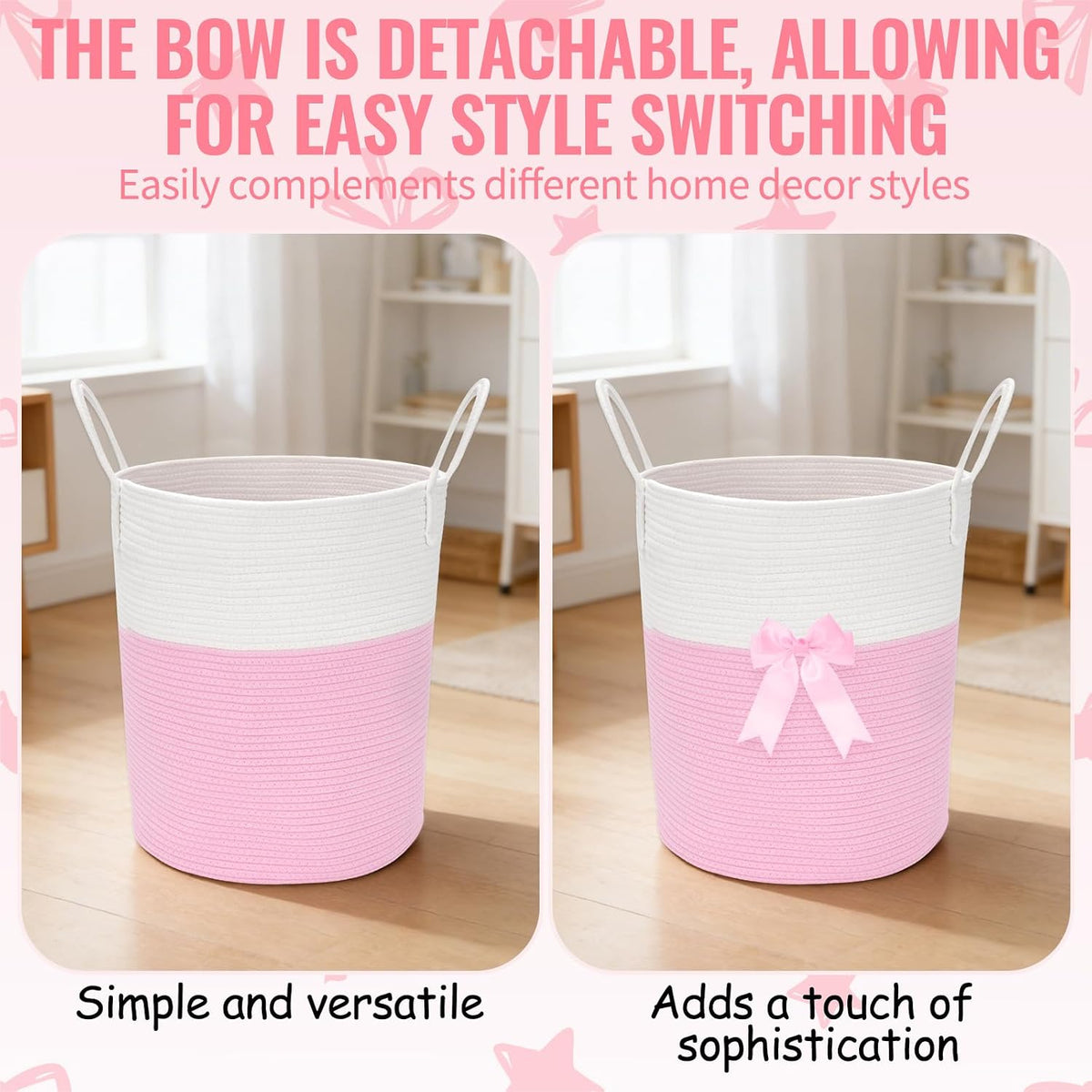 2 Pack Pink Laundry Basket with Bow 15" x 17.7" Large Woven Clothes Storage Basket Cotton Rope Nursery Hamper Bin Cute Toy Storage Bin for Nursery, Bathroom & Bedroom Organizer