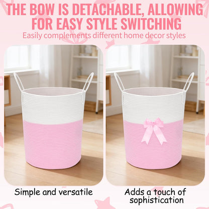2 Pack Pink Laundry Basket with Bow 15" x 17.7" Large Woven Clothes Storage Basket Cotton Rope Nursery Hamper Bin Cute Toy Storage Bin for Nursery, Bathroom & Bedroom Organizer