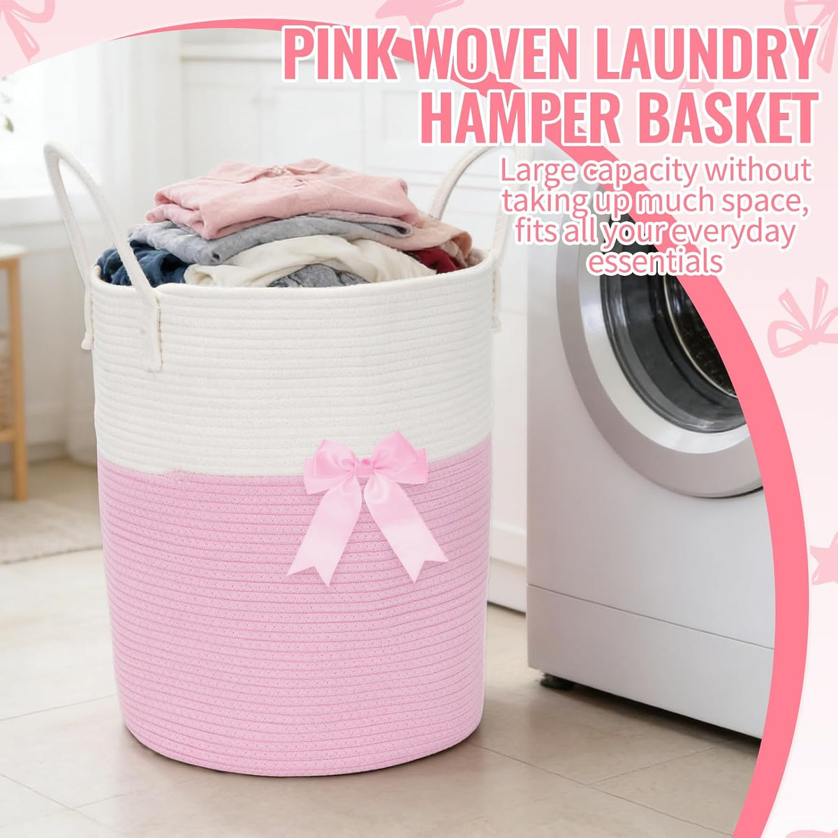 2 Pack Pink Laundry Basket with Bow 15" x 17.7" Large Woven Clothes Storage Basket Cotton Rope Nursery Hamper Bin Cute Toy Storage Bin for Nursery, Bathroom & Bedroom Organizer