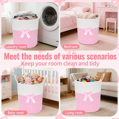 2 Pack Pink Laundry Basket with Bow 15" x 17.7" Large Woven Clothes Storage Basket Cotton Rope Nursery Hamper Bin Cute Toy Storage Bin for Nursery, Bathroom & Bedroom Organizer