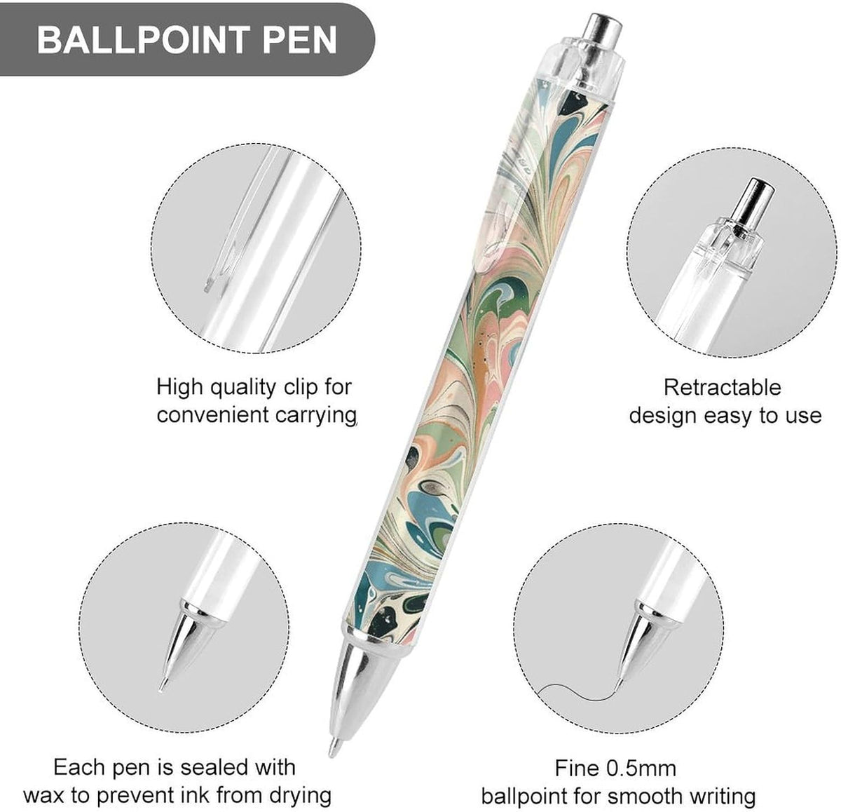 Peach And White Swirls Ballpoint Pens Black Medium Point 0.55mm Ball Point Pen Retractable Office Pens with Super Soft Grip Writing Ink Pen for Men Women 4 PCS