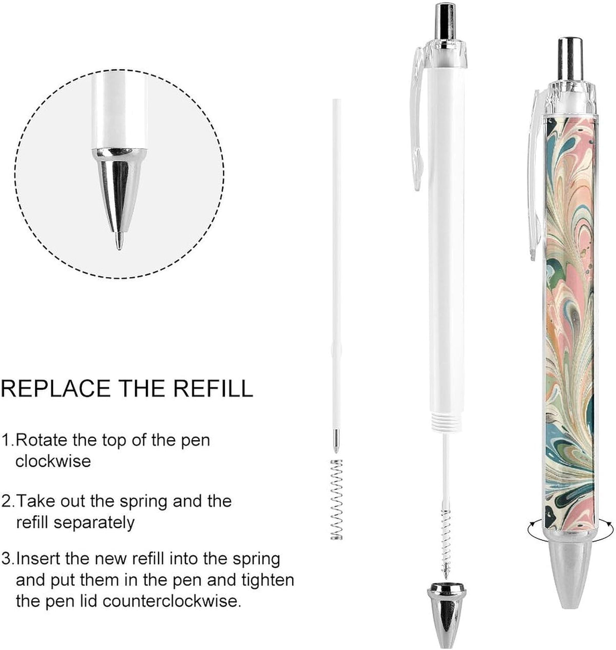 Peach And White Swirls Ballpoint Pens Black Medium Point 0.55mm Ball Point Pen Retractable Office Pens with Super Soft Grip Writing Ink Pen for Men Women 4 PCS