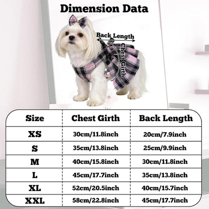 Dog Plaid Dress Harness and Leash Set with Pearls Bow Adjustable Puppy Dress Mesh Vest Bow Knot Pet Clothes for Cute Small Girl Dog Cat