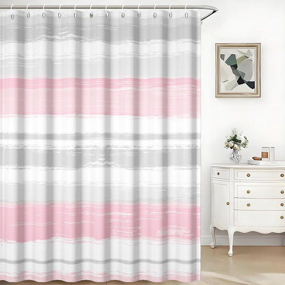 Abstract Pink Grey Shower Curtain Modern Striped Aesthetic Minimalist Geometric Bathroom Curtain for Girl Women Watercolor Painting Waterproof Fabric Shower Curtains Set with Hooks,72x72inch