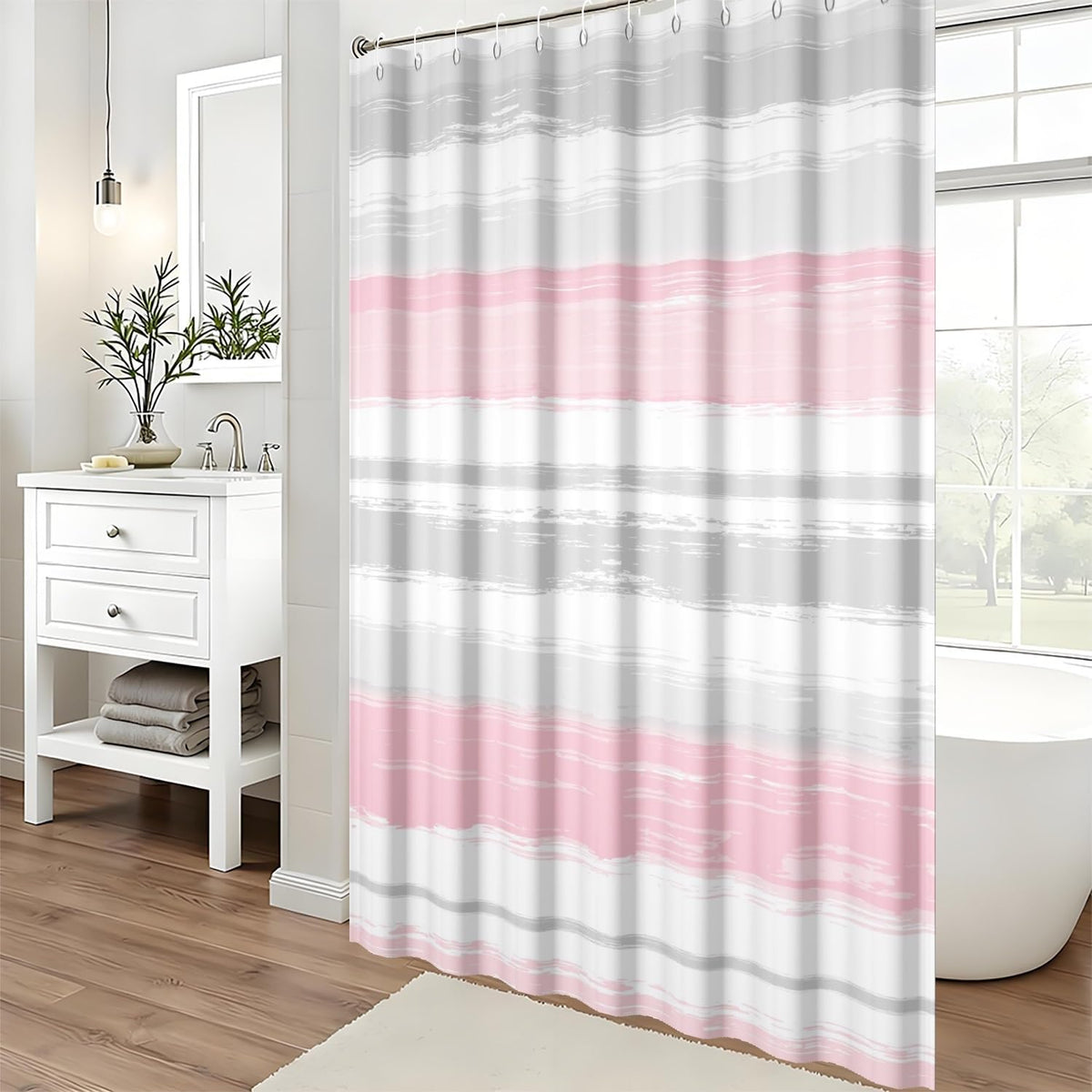 Abstract Pink Grey Shower Curtain Modern Striped Aesthetic Minimalist Geometric Bathroom Curtain for Girl Women Watercolor Painting Waterproof Fabric Shower Curtains Set with Hooks,72x72inch