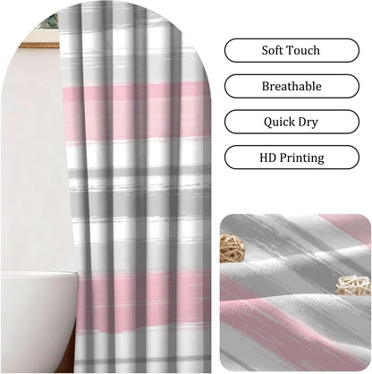 Abstract Pink Grey Shower Curtain Modern Striped Aesthetic Minimalist Geometric Bathroom Curtain for Girl Women Watercolor Painting Waterproof Fabric Shower Curtains Set with Hooks,72x72inch