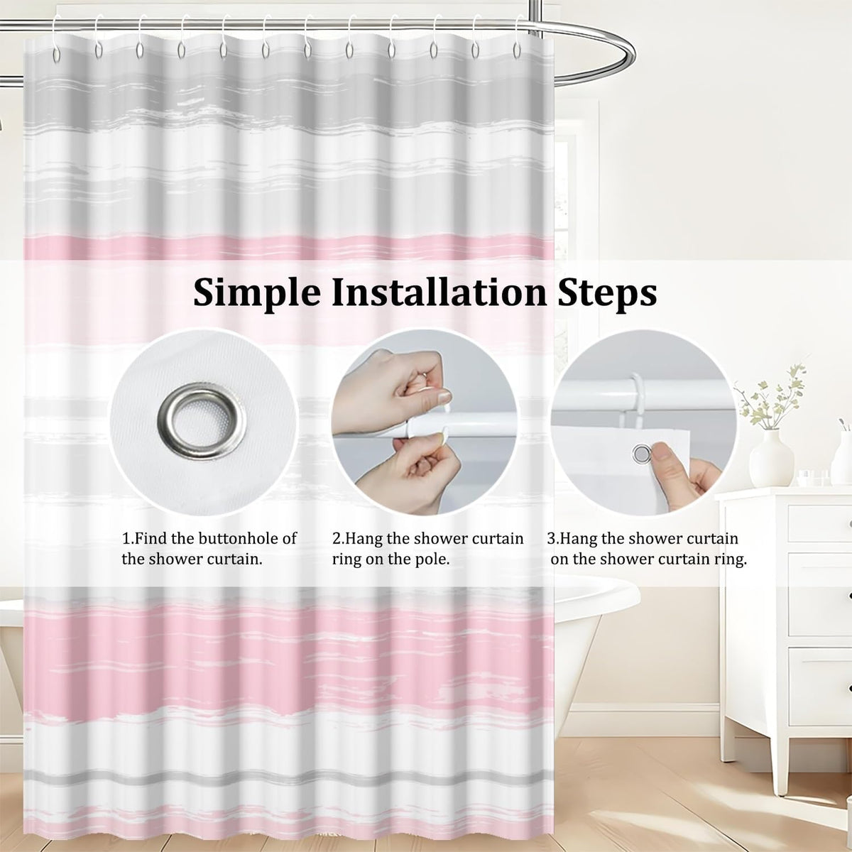 Abstract Pink Grey Shower Curtain Modern Striped Aesthetic Minimalist Geometric Bathroom Curtain for Girl Women Watercolor Painting Waterproof Fabric Shower Curtains Set with Hooks,72x72inch