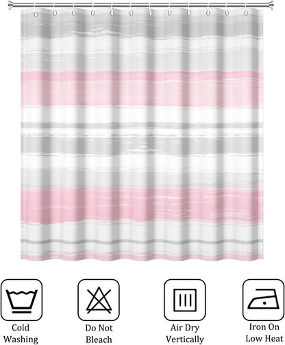 Abstract Pink Grey Shower Curtain Modern Striped Aesthetic Minimalist Geometric Bathroom Curtain for Girl Women Watercolor Painting Waterproof Fabric Shower Curtains Set with Hooks,72x72inch