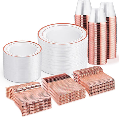 600 PCS Rose Gold Disposable Dinnerware Set for 100 Guests