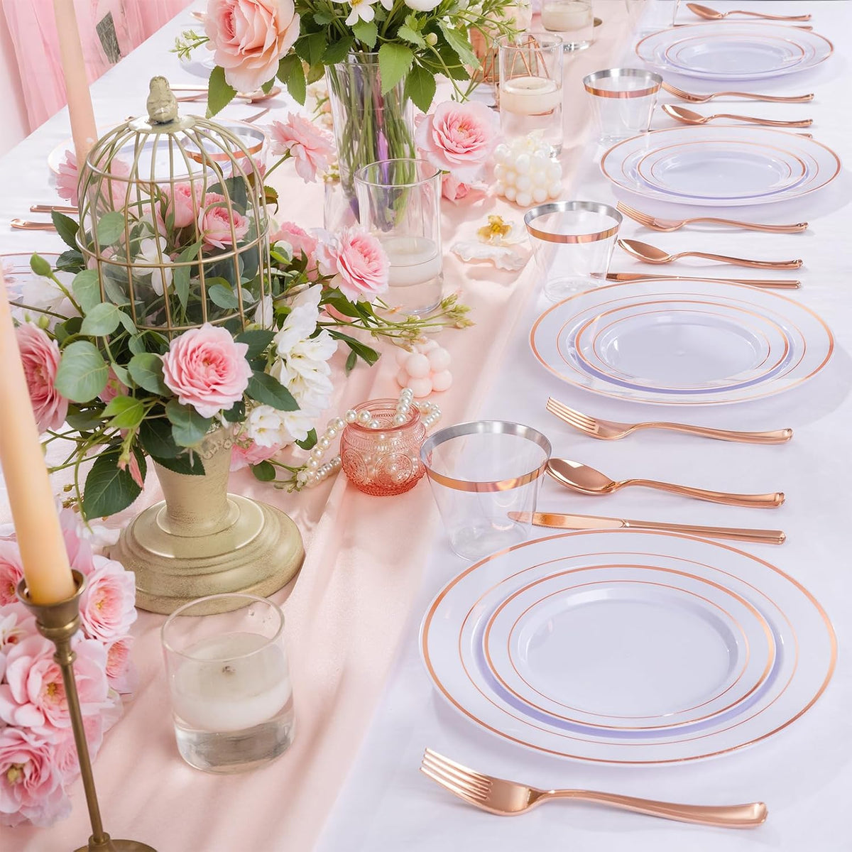 600 PCS Rose Gold Disposable Dinnerware Set for 100 Guests