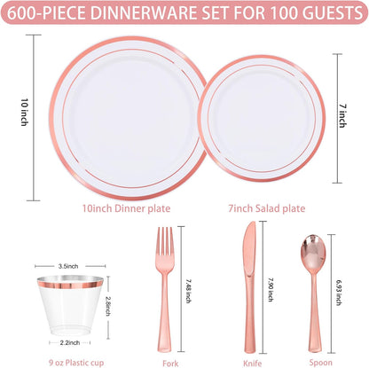 600 PCS Rose Gold Disposable Dinnerware Set for 100 Guests