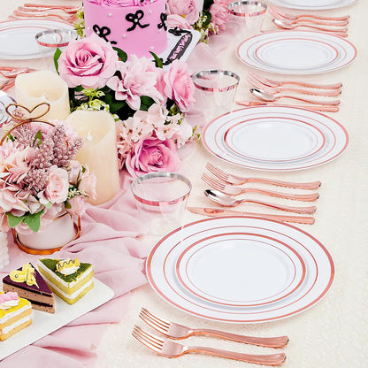 600 PCS Rose Gold Disposable Dinnerware Set for 100 Guests