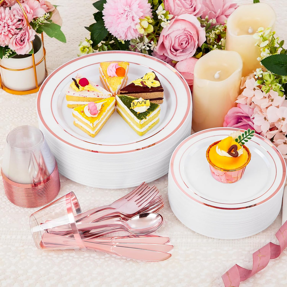 600 PCS Rose Gold Disposable Dinnerware Set for 100 Guests
