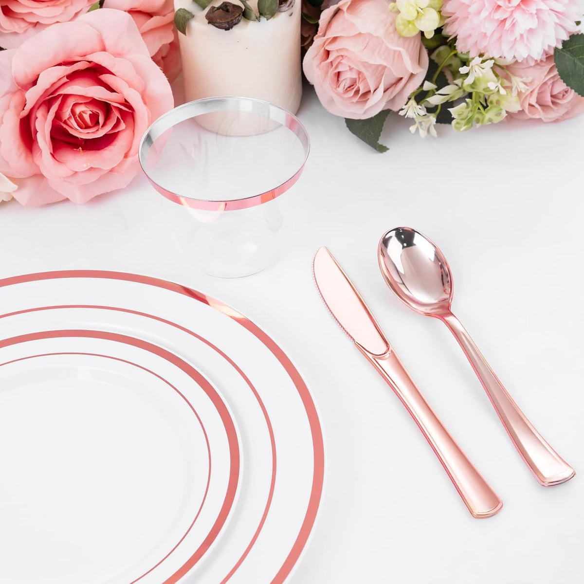 600 PCS Rose Gold Disposable Dinnerware Set for 100 Guests