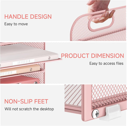 4-Tier Paper Organizer for Desk With Handle, Mesh Desktop File Tray, Office Classroom Organization and Storage - Pink