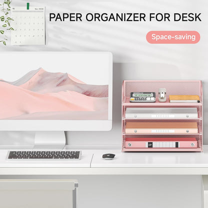 4-Tier Paper Organizer for Desk With Handle, Mesh Desktop File Tray, Office Classroom Organization and Storage - Pink